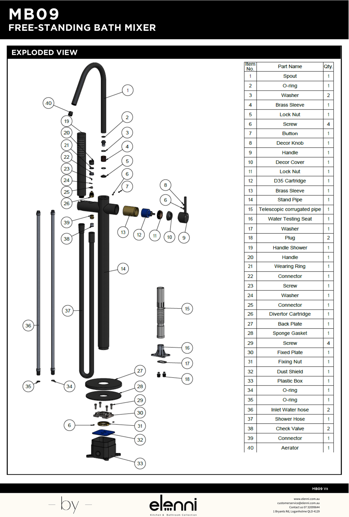Round Pinless Freestanding Bath Spout and Hand Shower - Elenni specification drawing