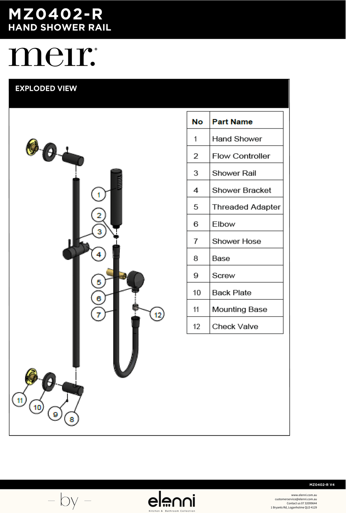 Round Hand Shower on Rail Column - Elenni specification drawing