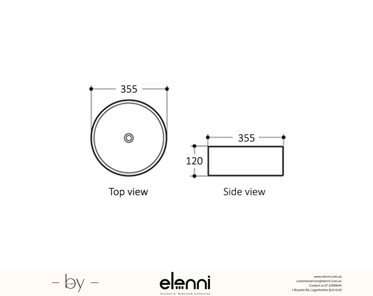 Elenni specification drawing — Artis 88 355x355x120 Matte Black Basin