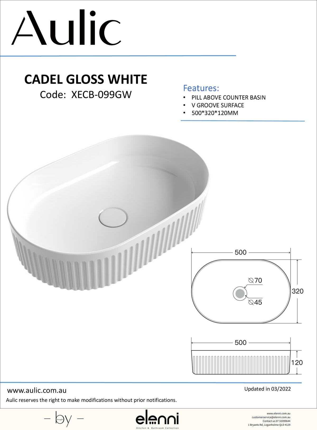 Cadel Gloss White Basin - Elenni specification drawing