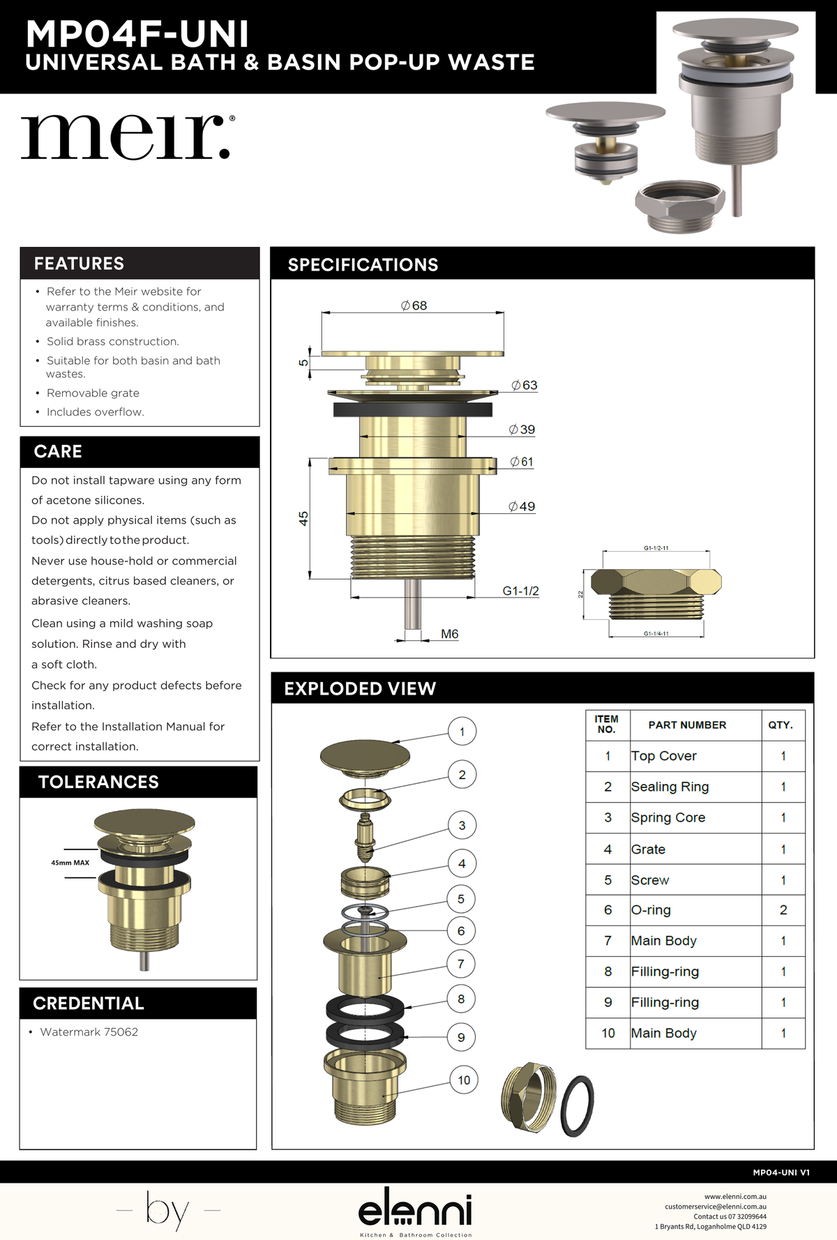 Universal all-in-one Pop Up Waste - Basin &amp; Bath - Elenni specification drawing