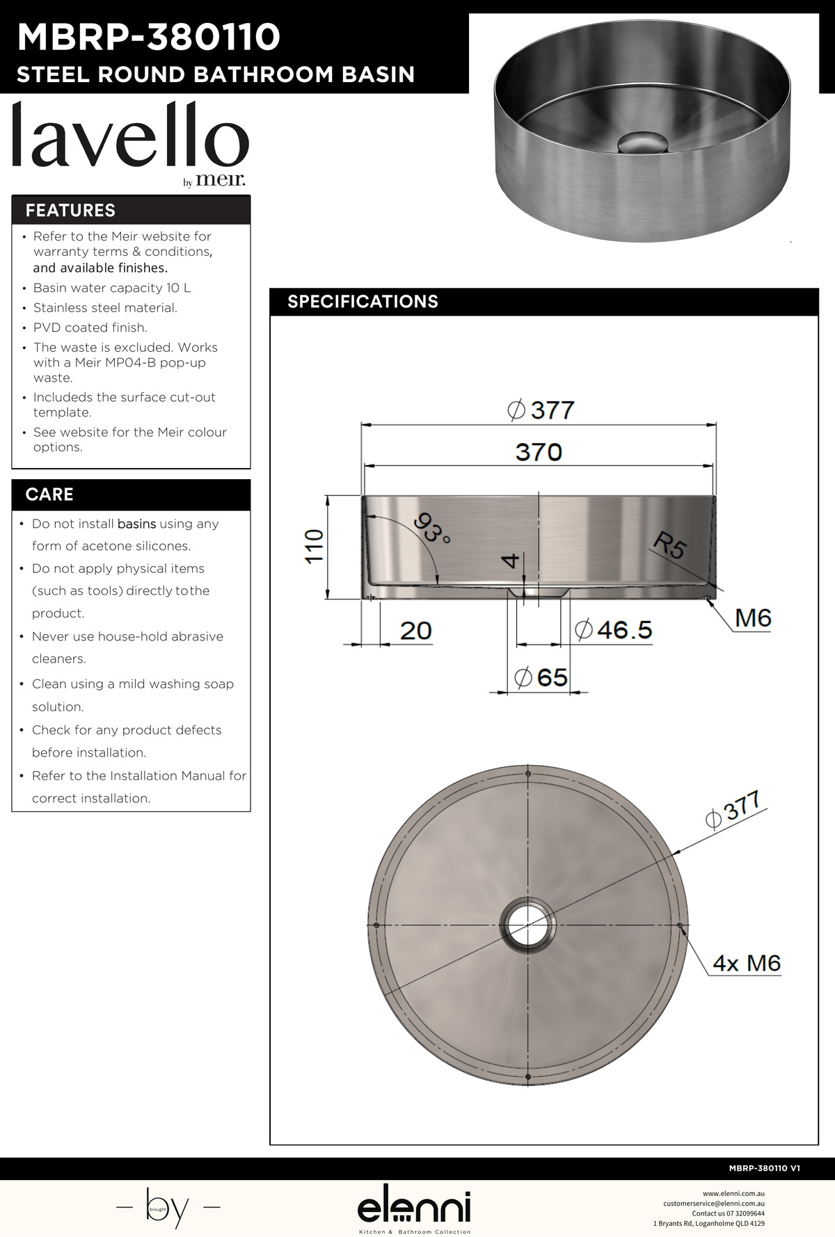 Lavello Round Steel Bathroom Basin 380 x 110 - Elenni specification drawing
