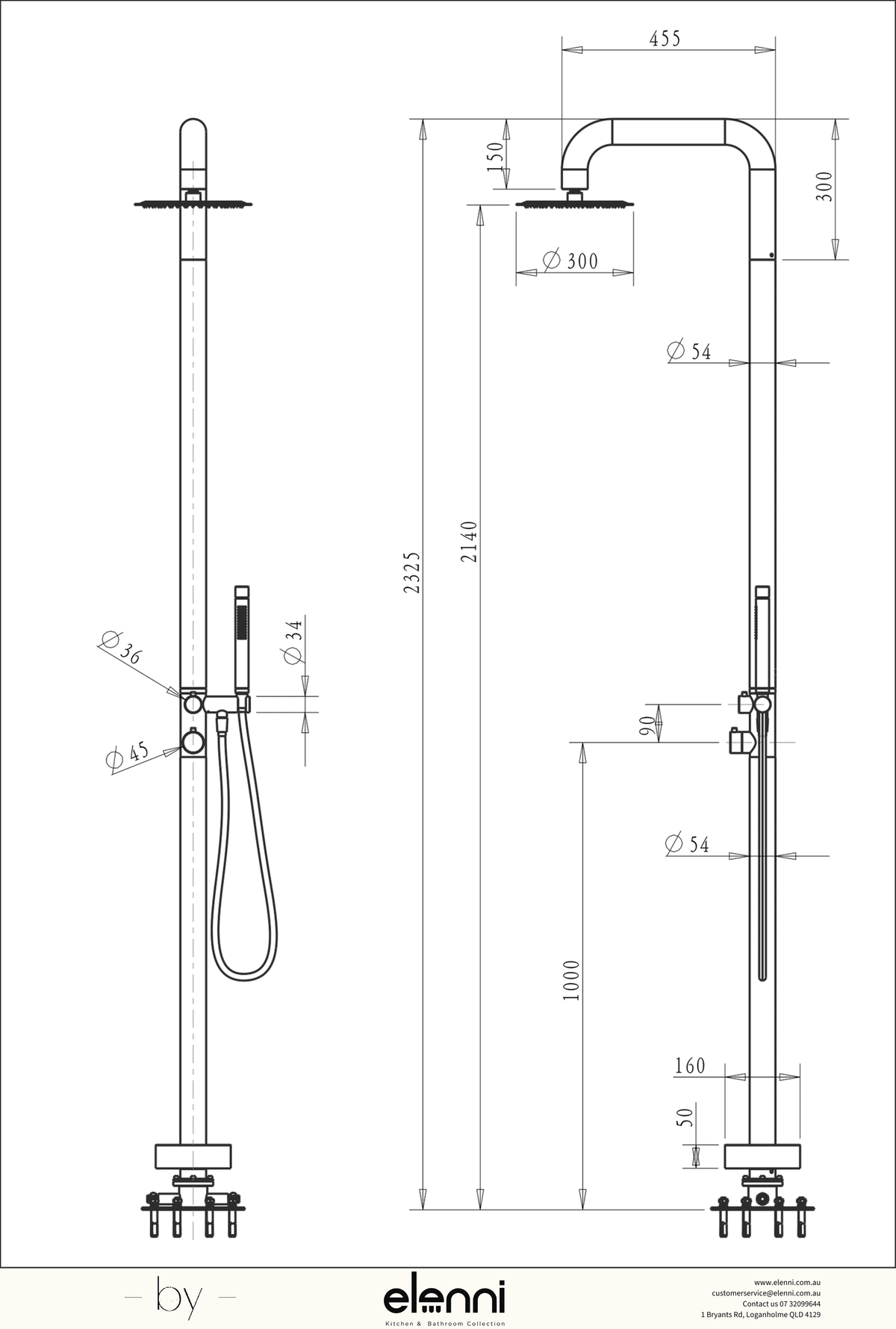 Mica Soft Square Freestanding Outdoor Shower - Elenni specification drawing