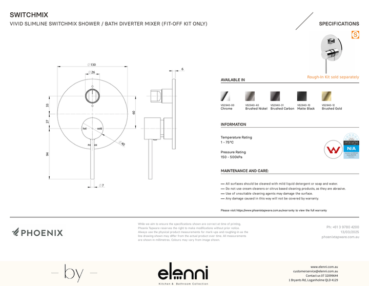 Vivid Slimline SwitchMix Shower/Bath Diverter Mixer Trim Kit Only - Elenni specification drawing