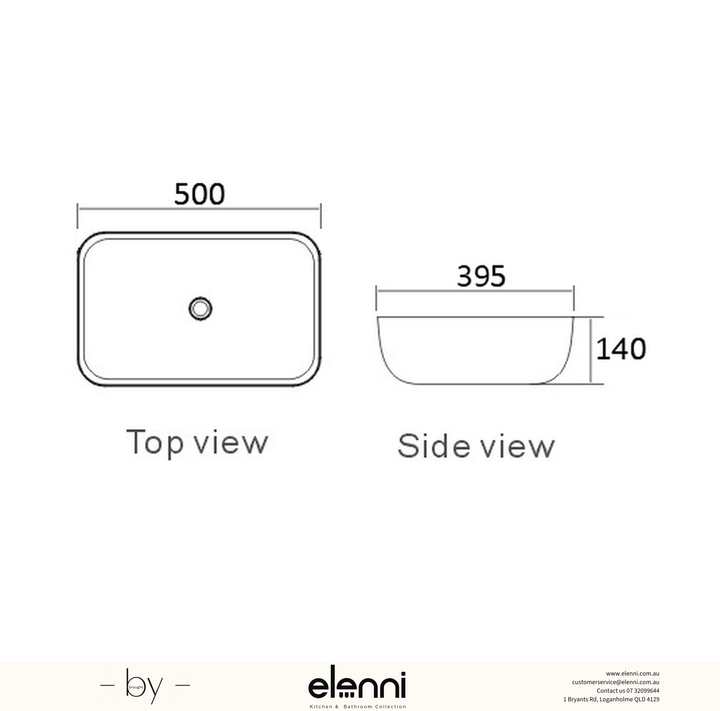 Elenni specification drawing — Artis Square 500x395x140 Gloss White Basin