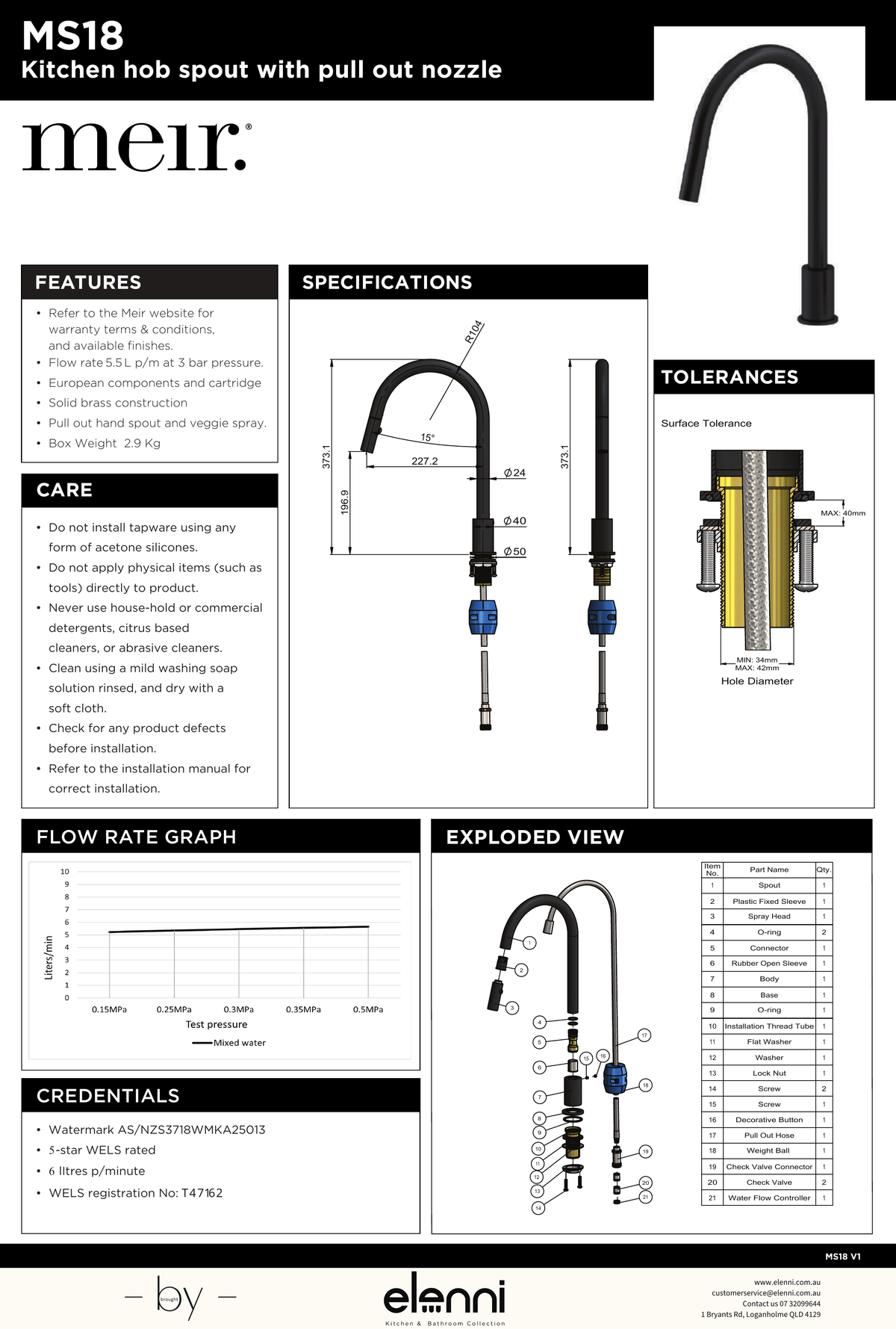 Kitchen hob spout with pull out nozzle - Elenni specification drawing