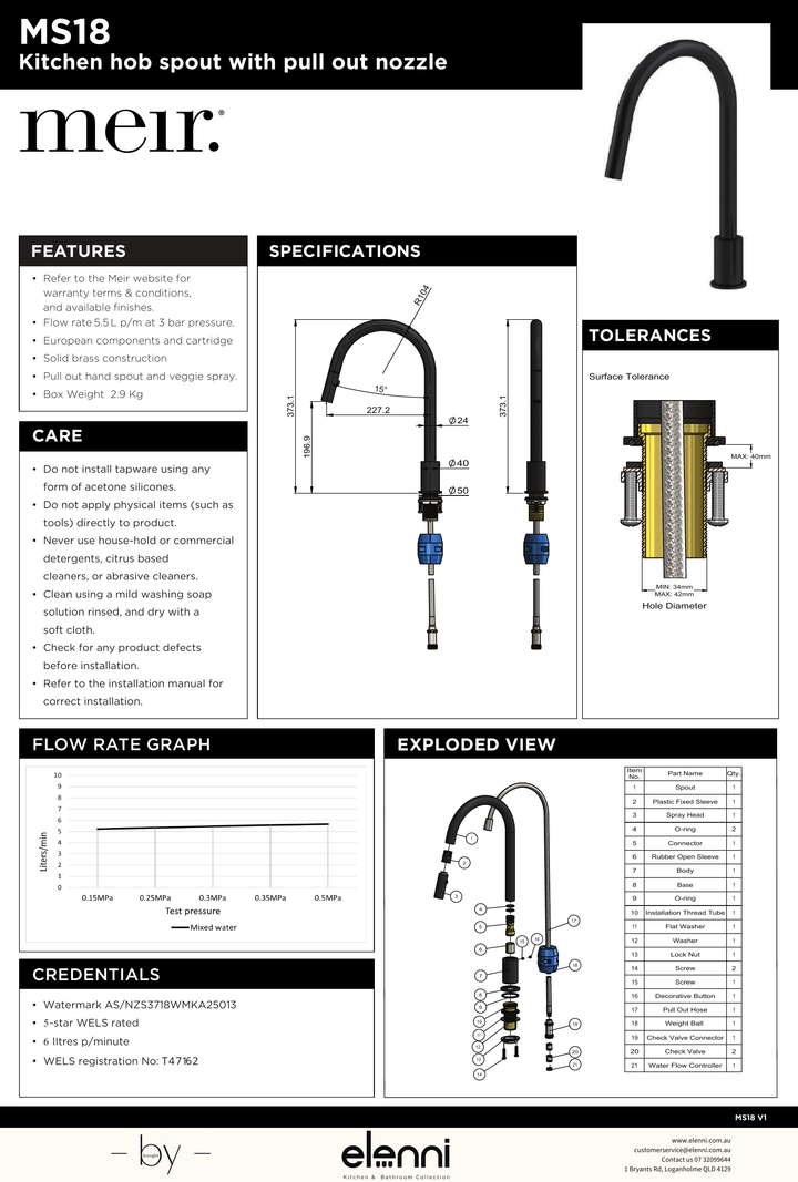 Kitchen hob spout with pull out nozzle - Elenni specification drawing