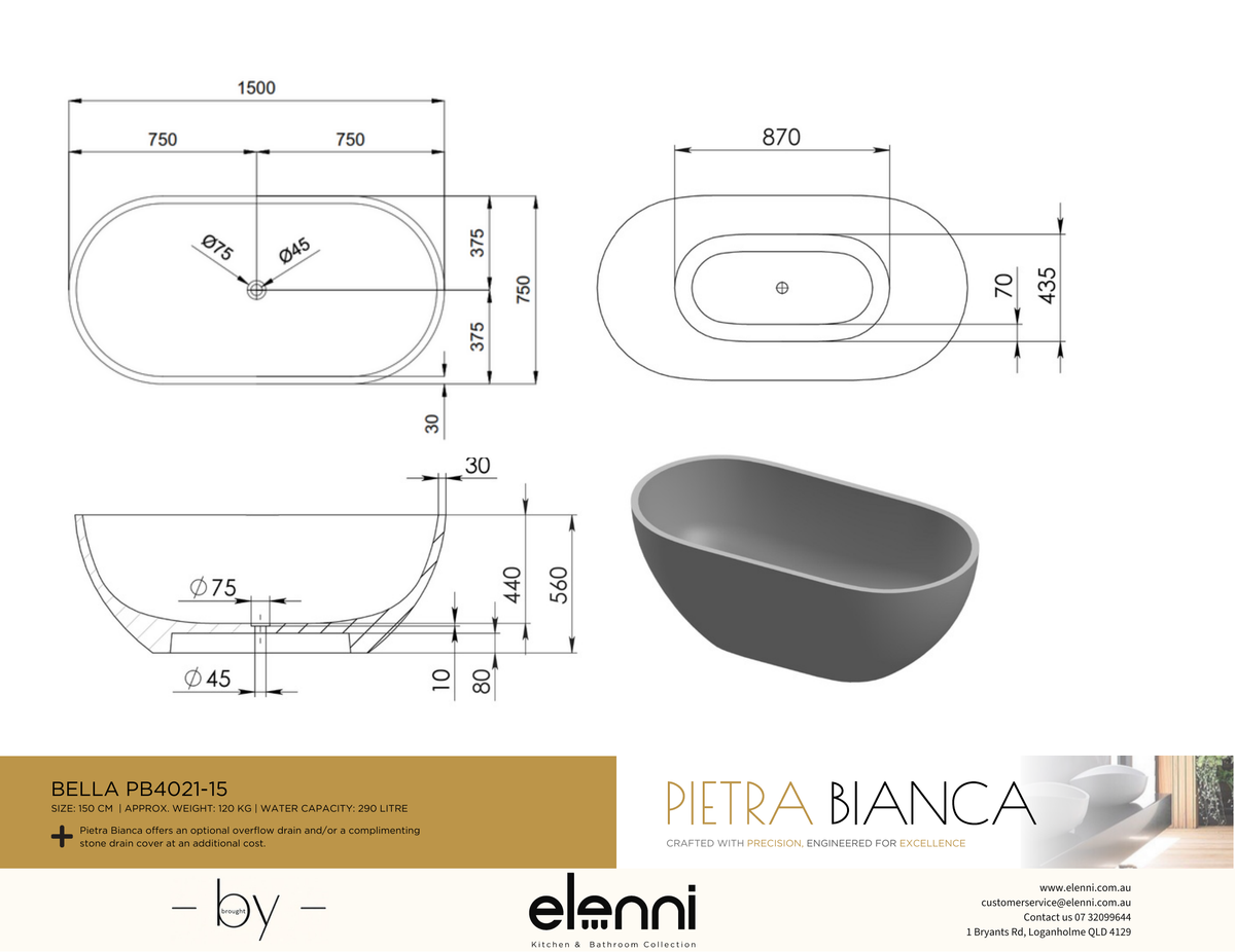 Bella 1500mm Freestanding Bath - Elenni specification drawing