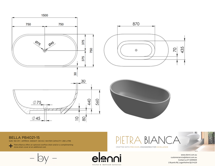 Bella 1500mm Freestanding Bath - Elenni specification drawing