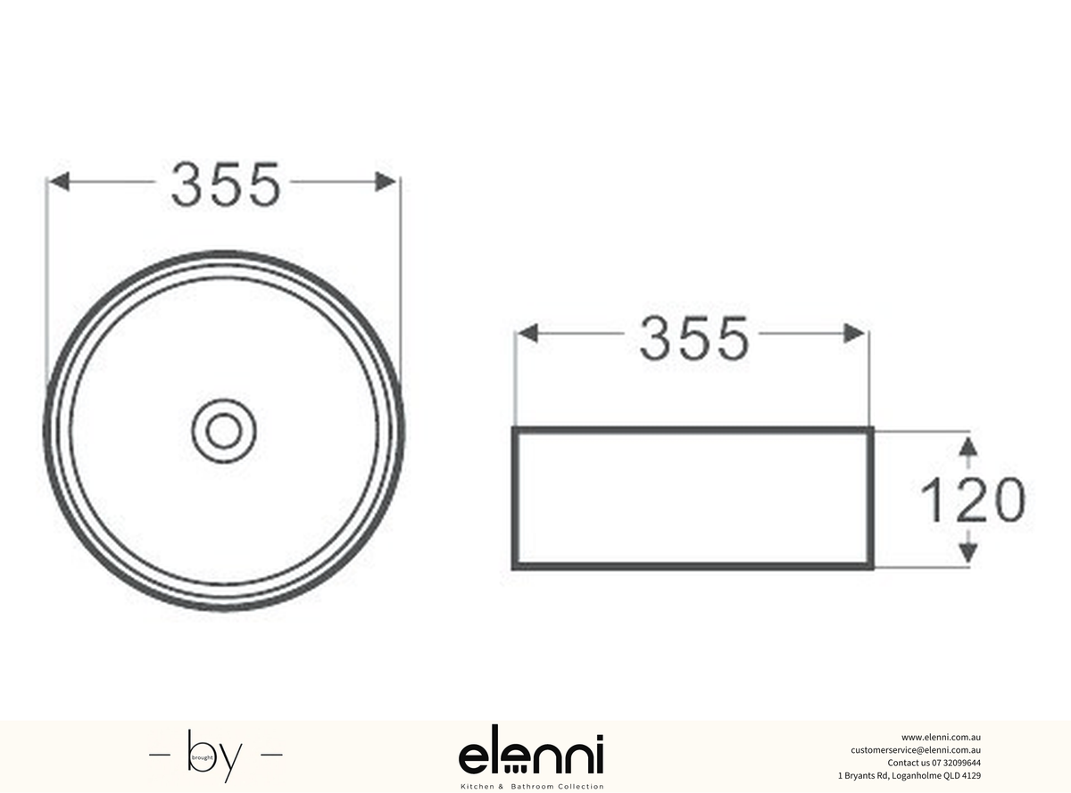 Elenni specification drawing — Golf Ball 355x355x120 White Basin