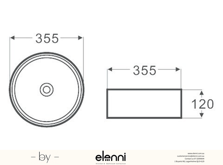 Elenni specification drawing — Golf Ball 355x355x120 White Basin