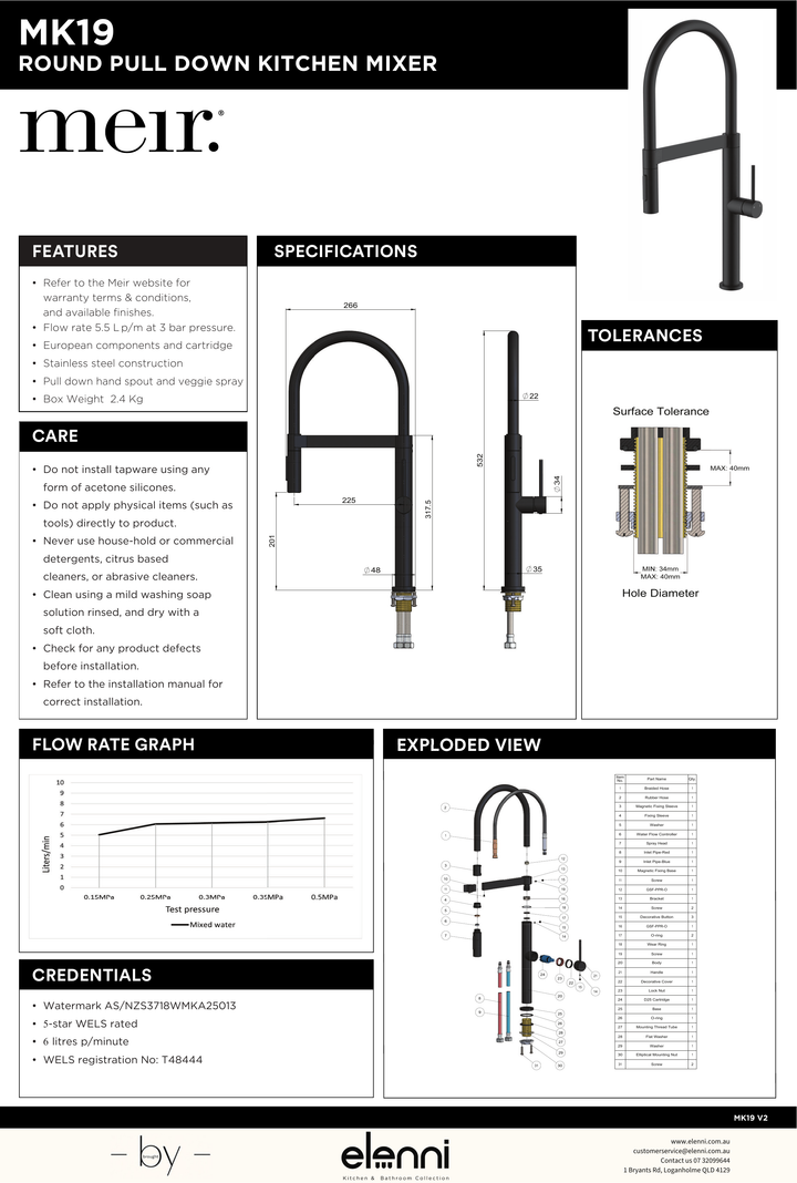 Pull Down Kitchen Mixer With Magnetic Dock - Elenni specification drawing