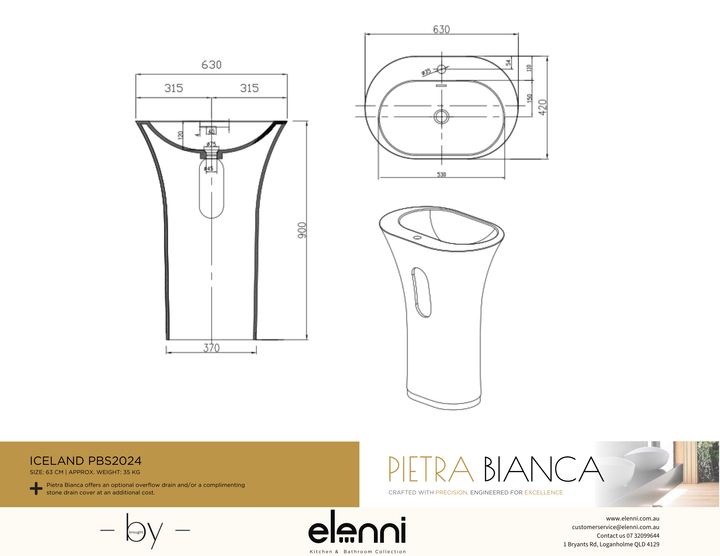 Iceland Freestanding Pedestal Basin - Elenni specification drawing