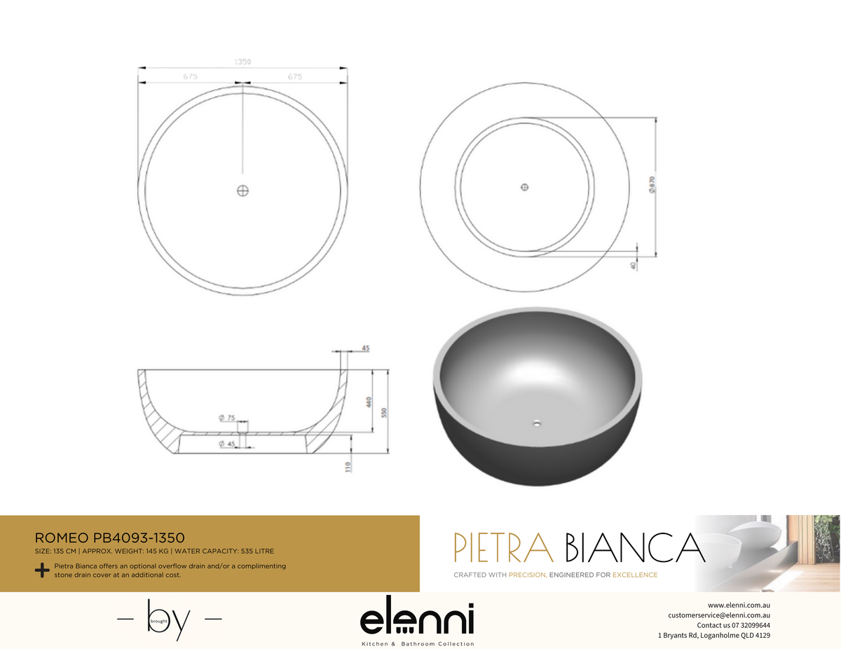 Romeo 1350mm Freestanding Bath - Elenni specification drawing