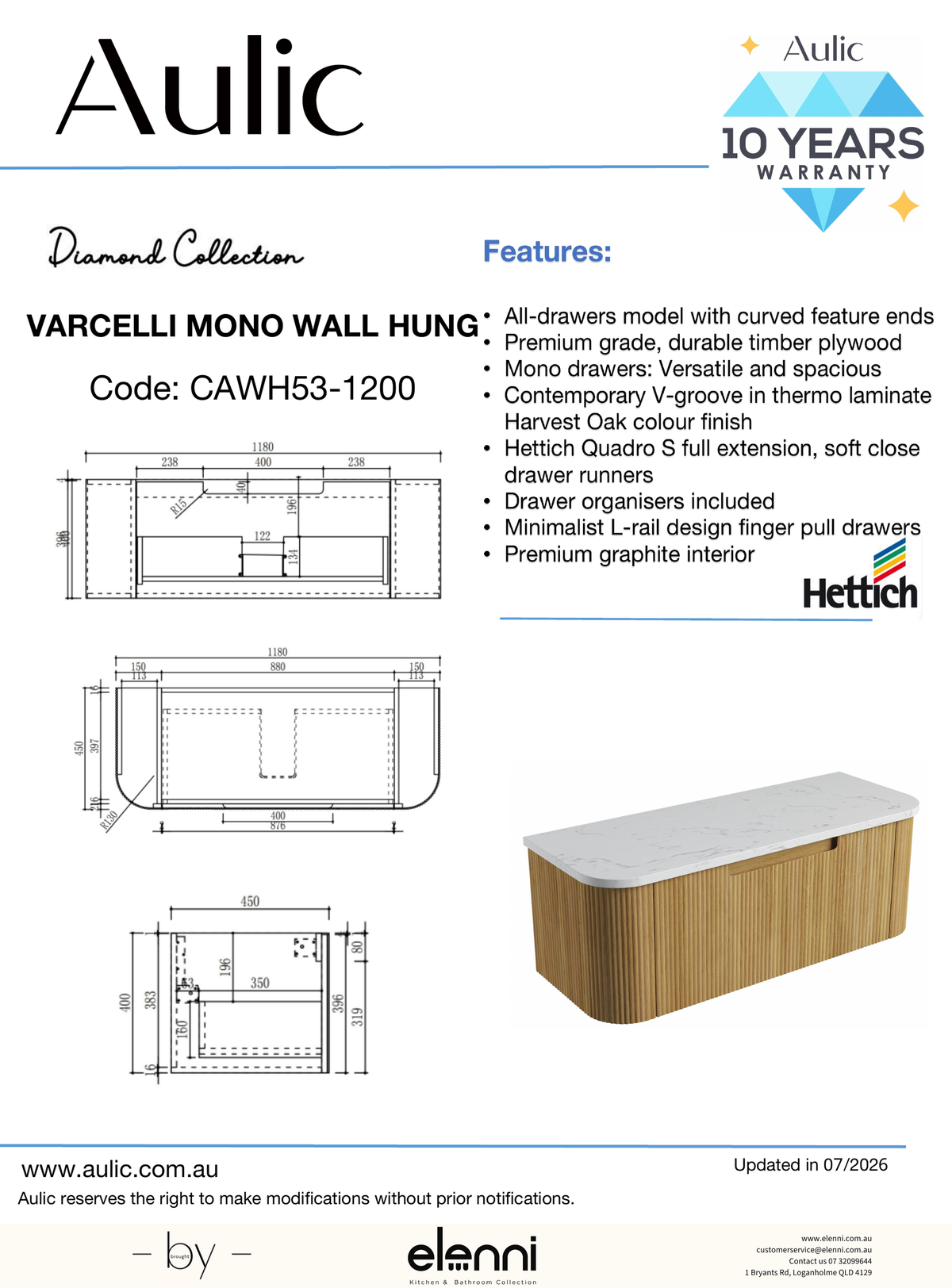 Varcelli Mono Wall Hung 1200mm - Elenni specification drawing