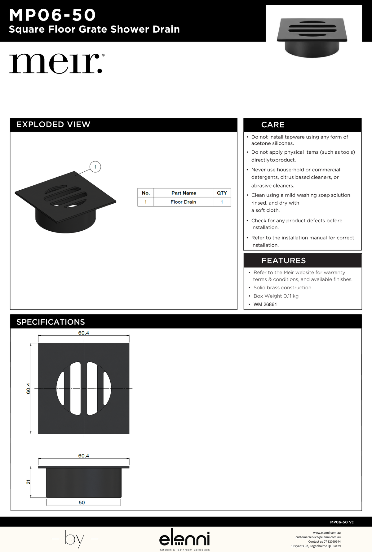 Square Floor Grate Shower Drain 50mm outlet - Elenni specification drawing