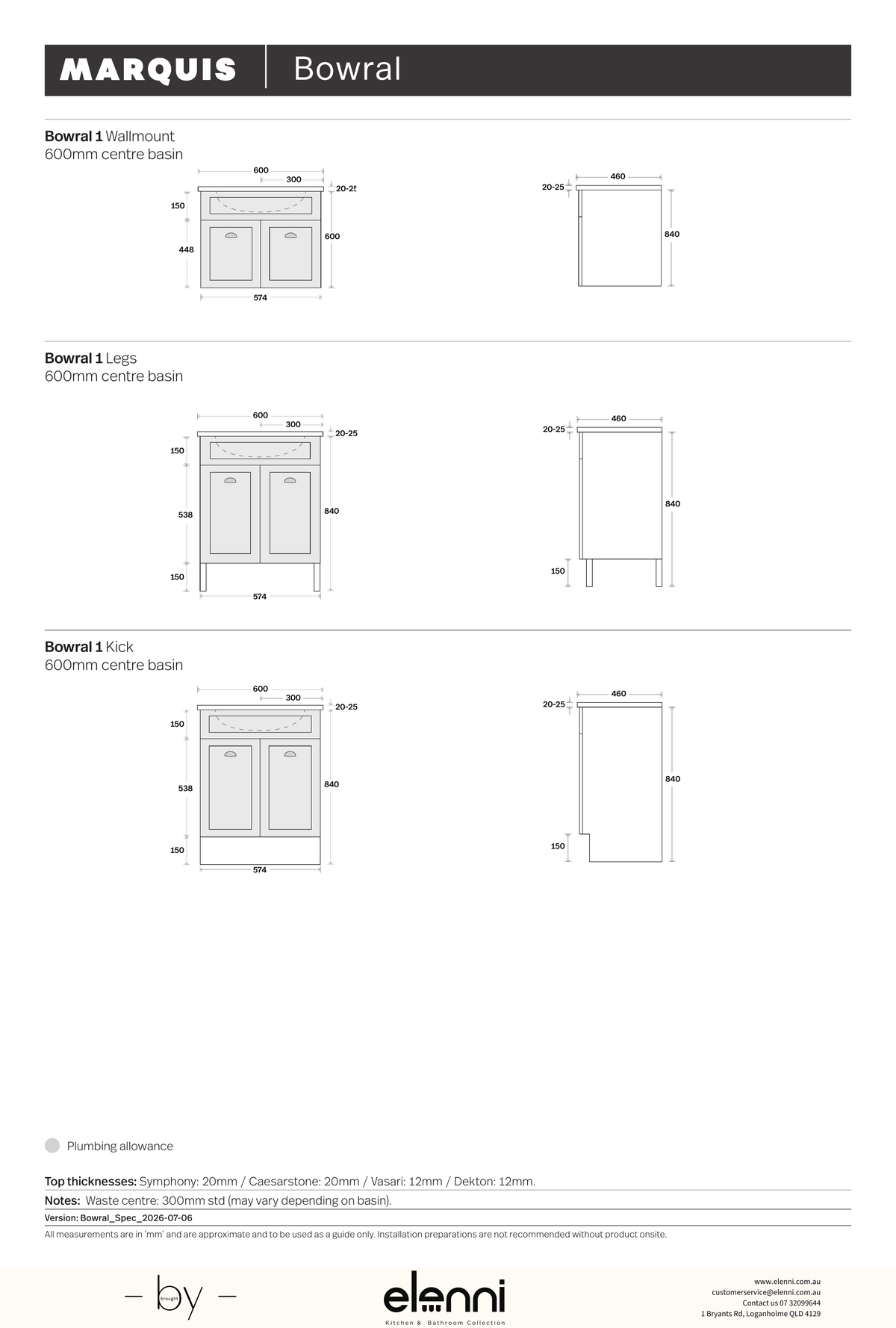 Marquis Bowral Vanity - Elenni specification drawing