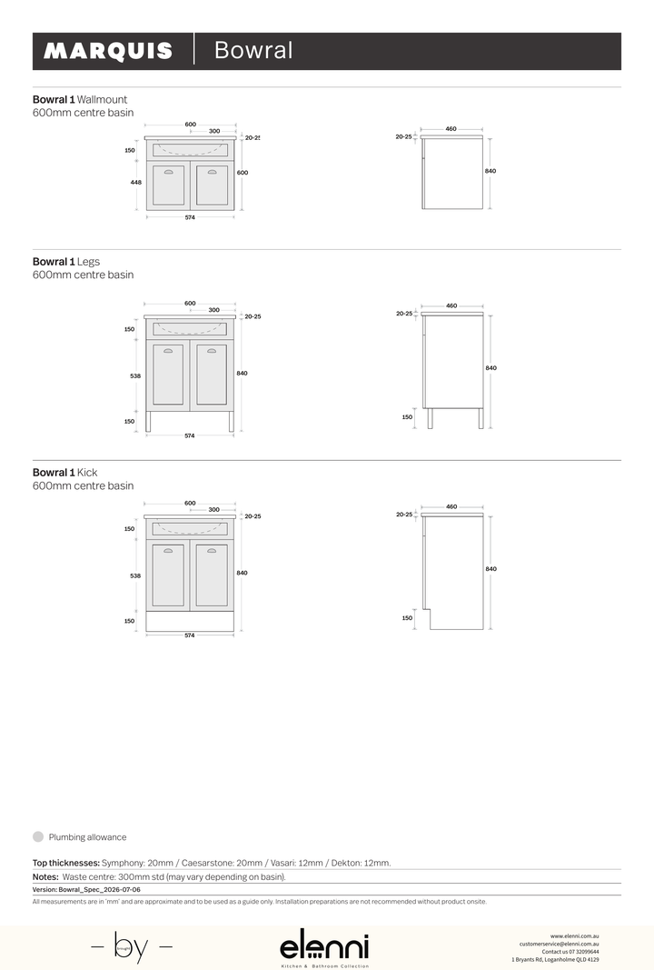 Marquis Bowral Vanity - Elenni specification drawing