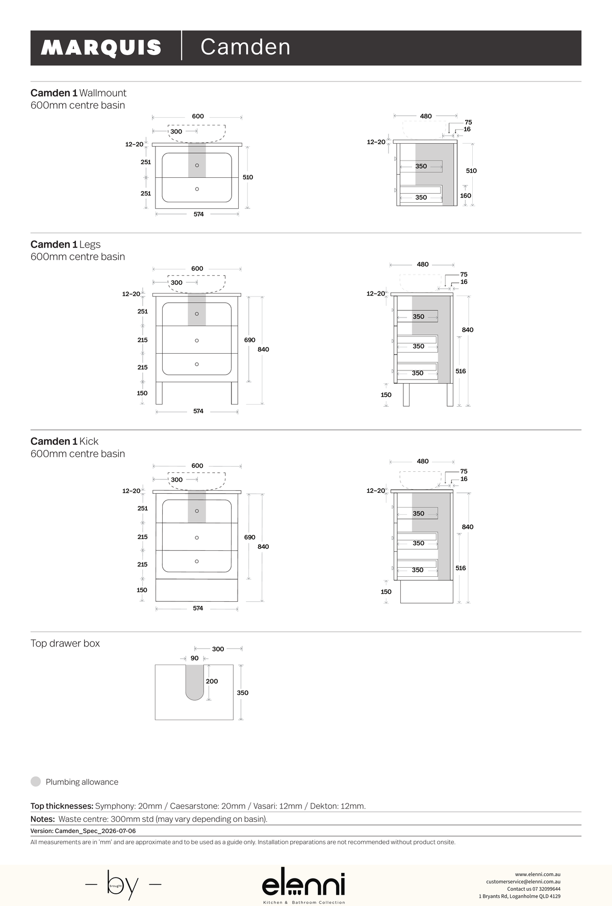 Marquis Camden Vanity – Above Counter or Semi-Inset Basin - Elenni specification drawing