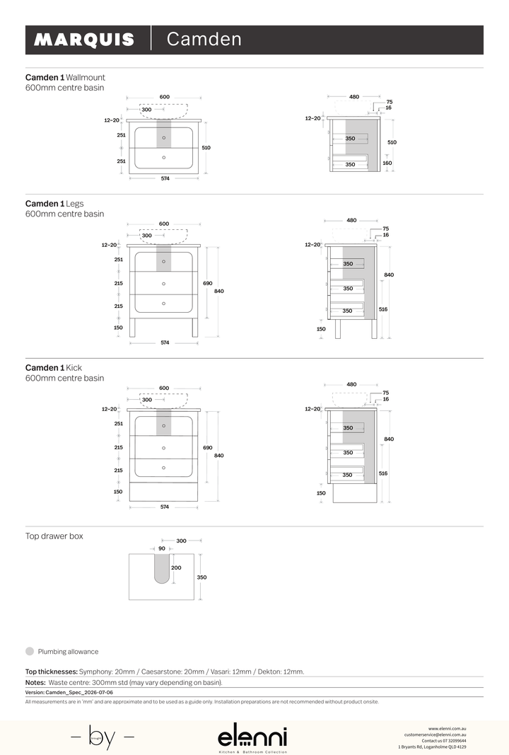 Marquis Camden Vanity – Under Counter Basin - Elenni specification drawing
