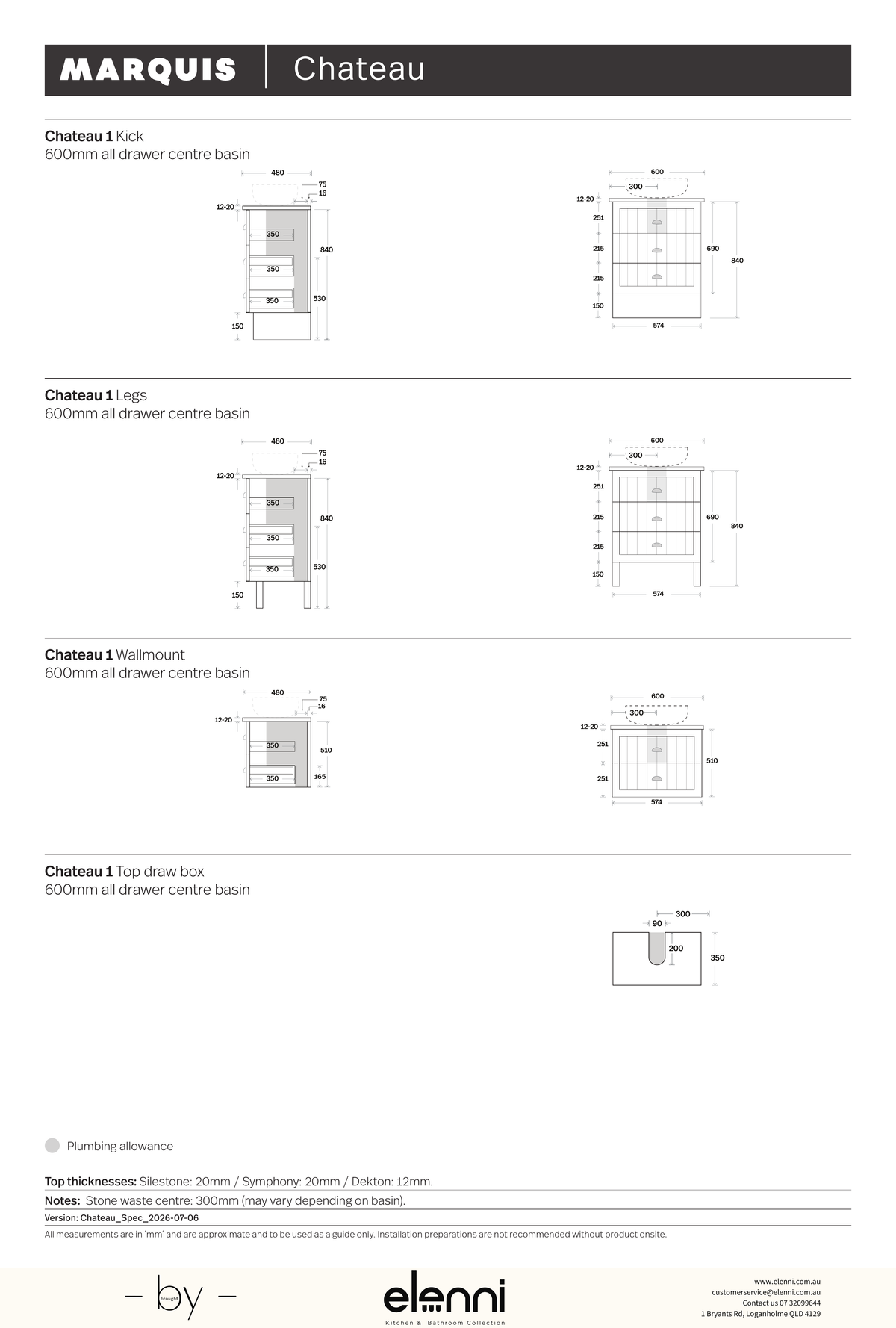 Marquis Chateau Vanity – Above Counter Basin - Elenni specification drawing