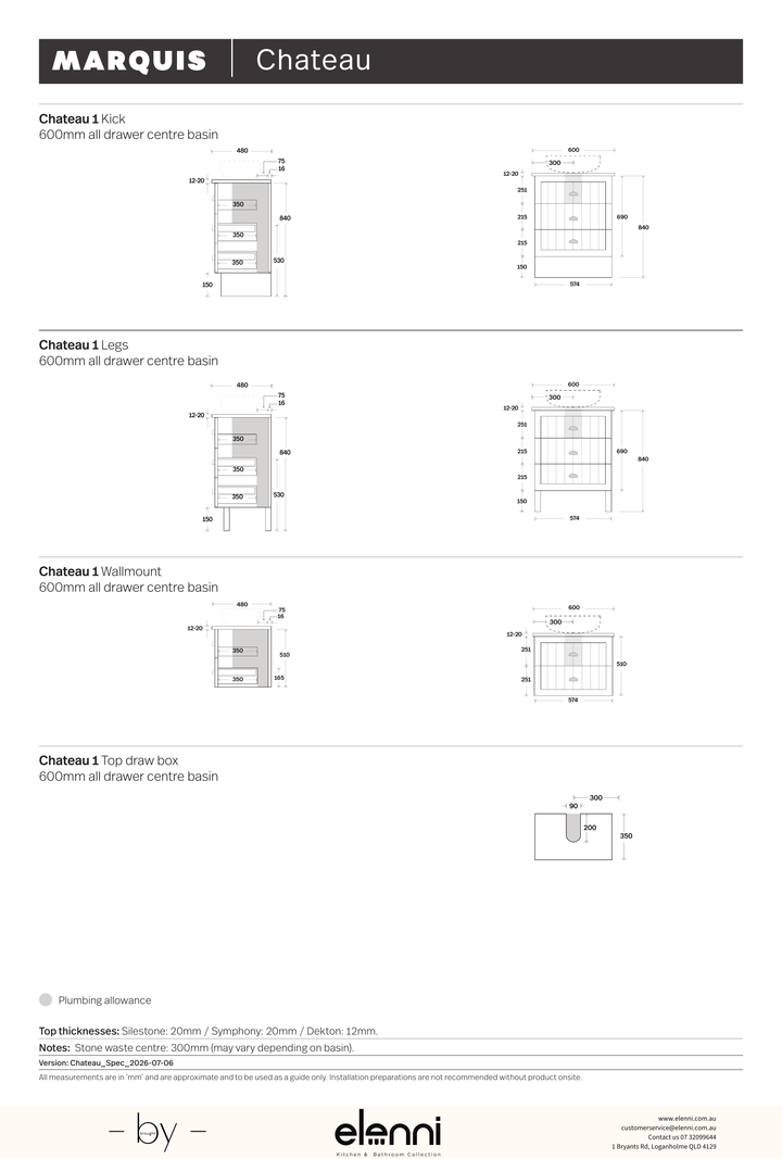 Marquis Chateau Vanity – Under Counter Basin - Elenni specification drawing