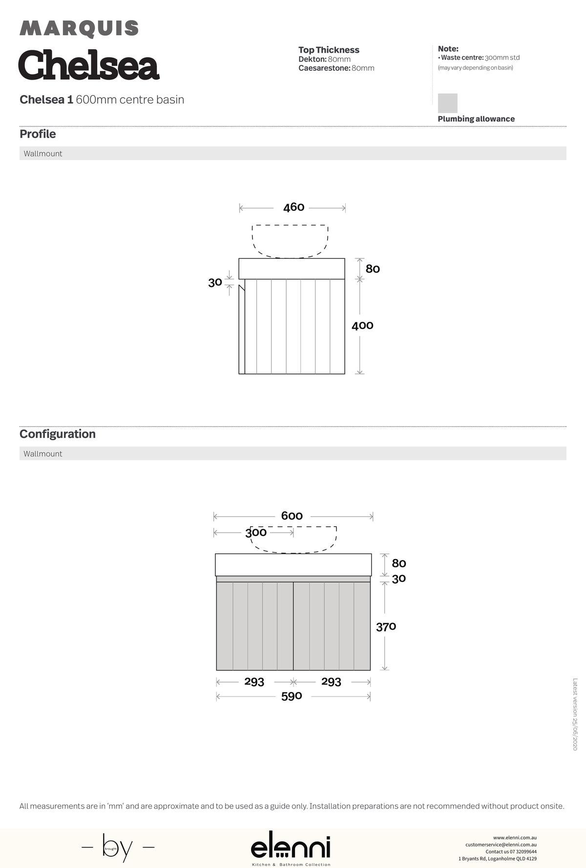 Marquis Chelsea Vanity – Under Counter Basin - Elenni specification drawing