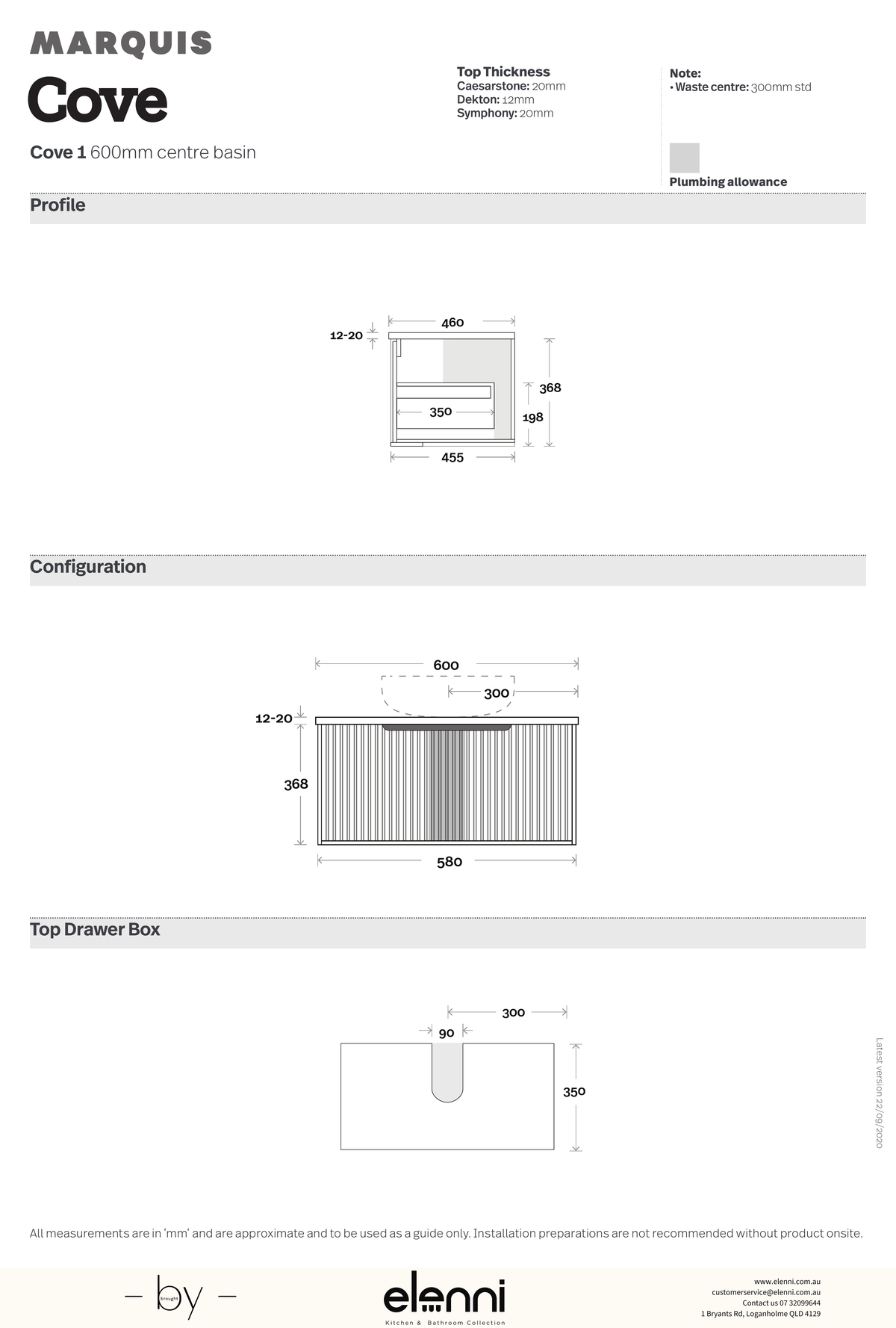 Marquis Cove Vanity – Above Counter Basin - Elenni specification drawing