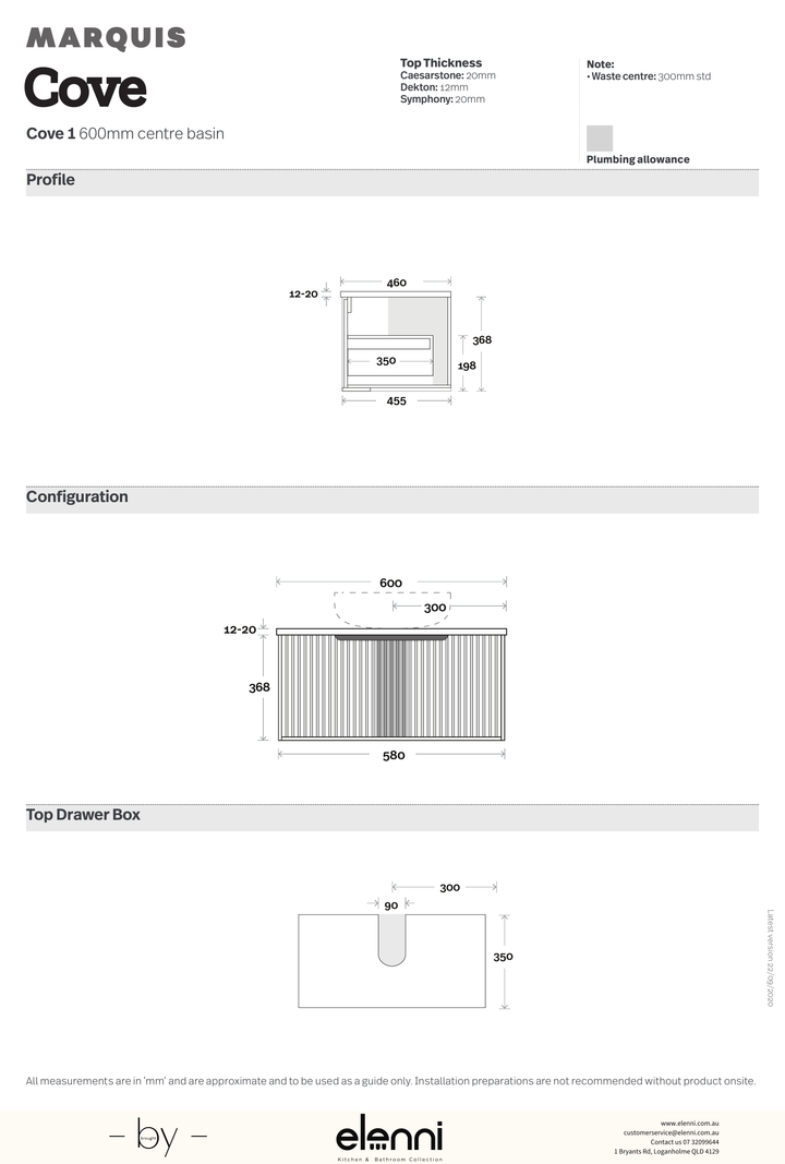 Marquis Cove Vanity – Above Counter Basin - Elenni specification drawing