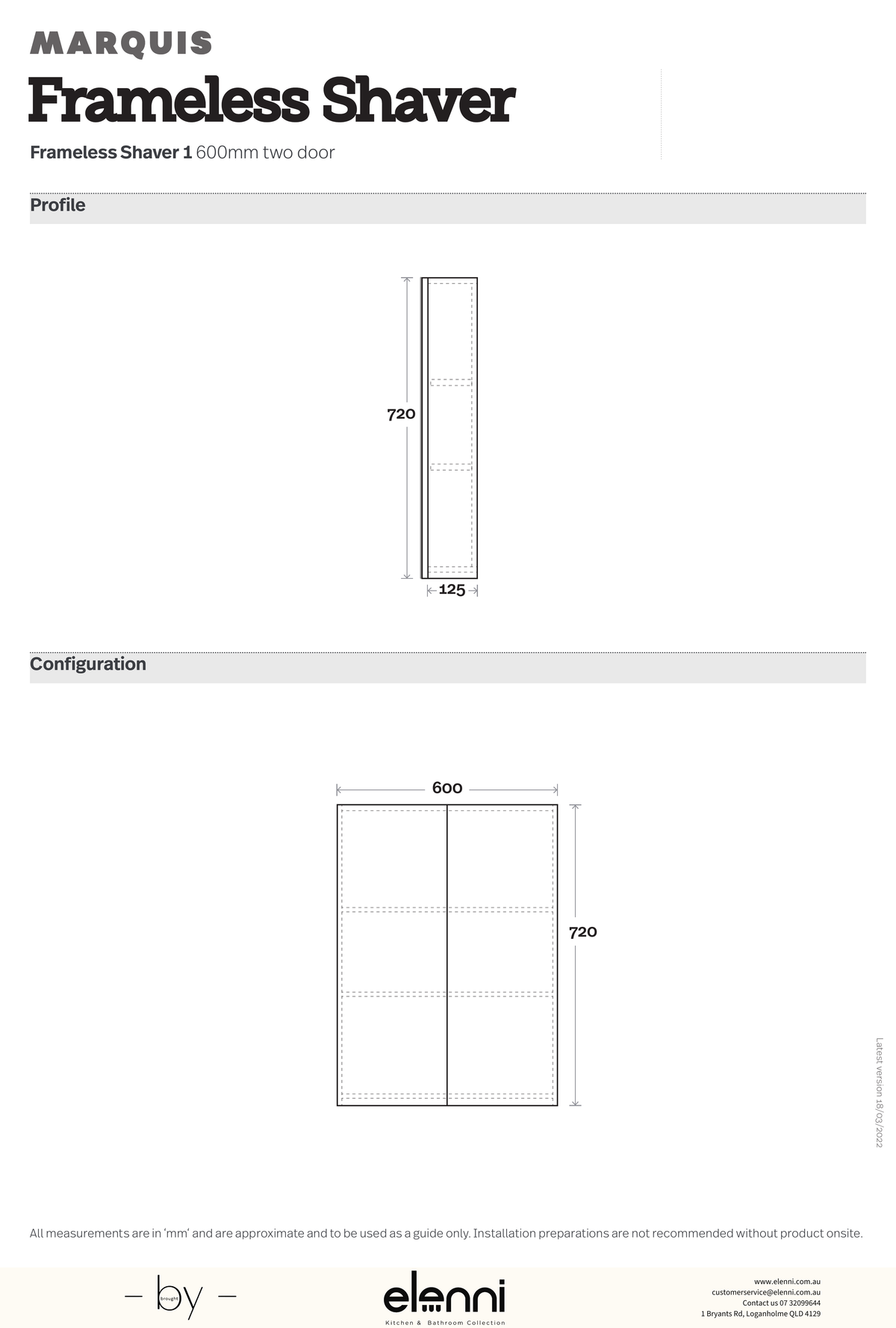 Marquis Frameless Shaver - Elenni specification drawing