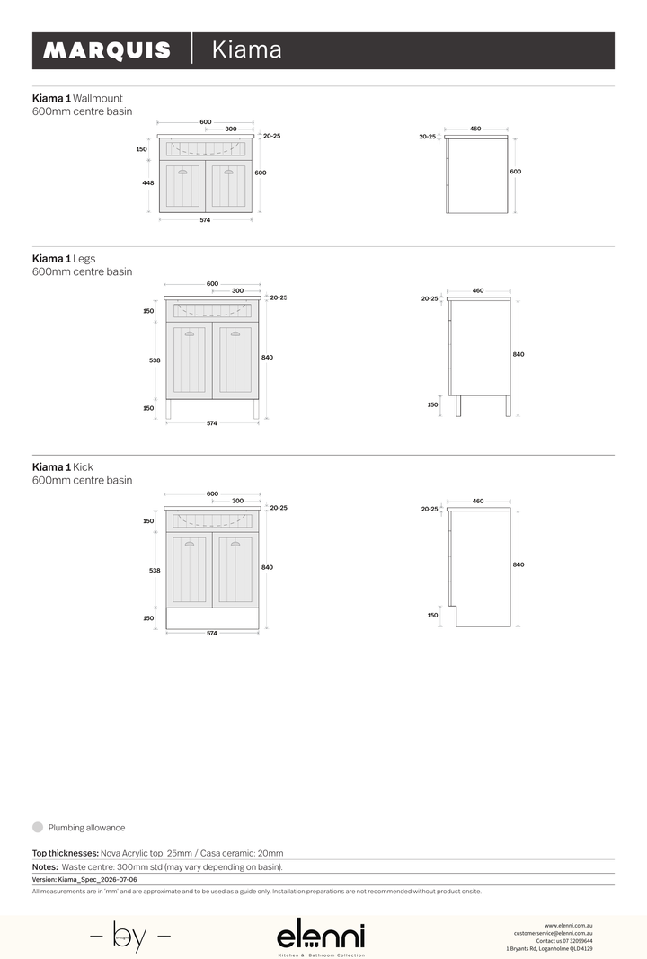 Marquis Kiama Vanity - Elenni specification drawing