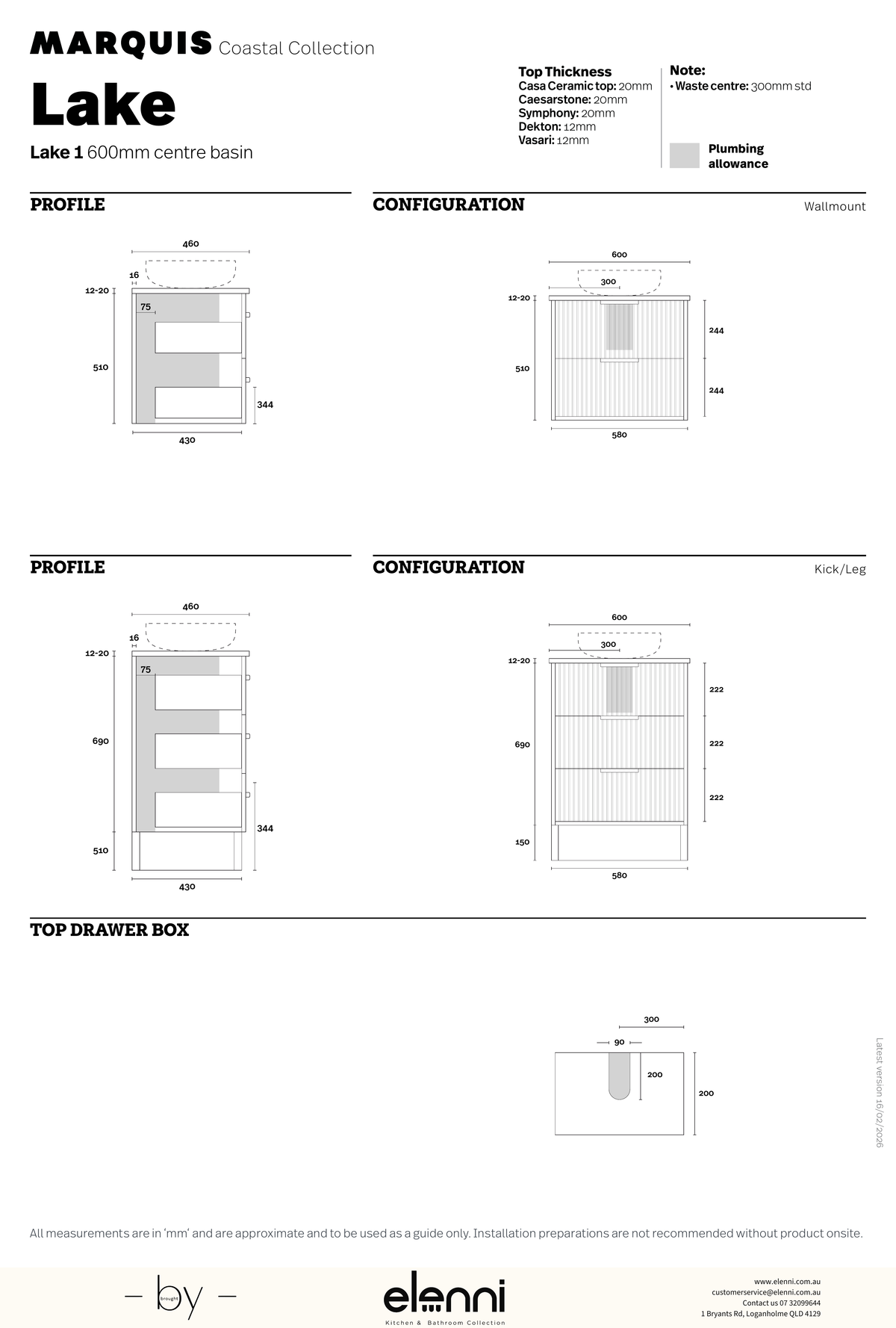 Marquis Lake Vanity – Moulded Top - Elenni specification drawing
