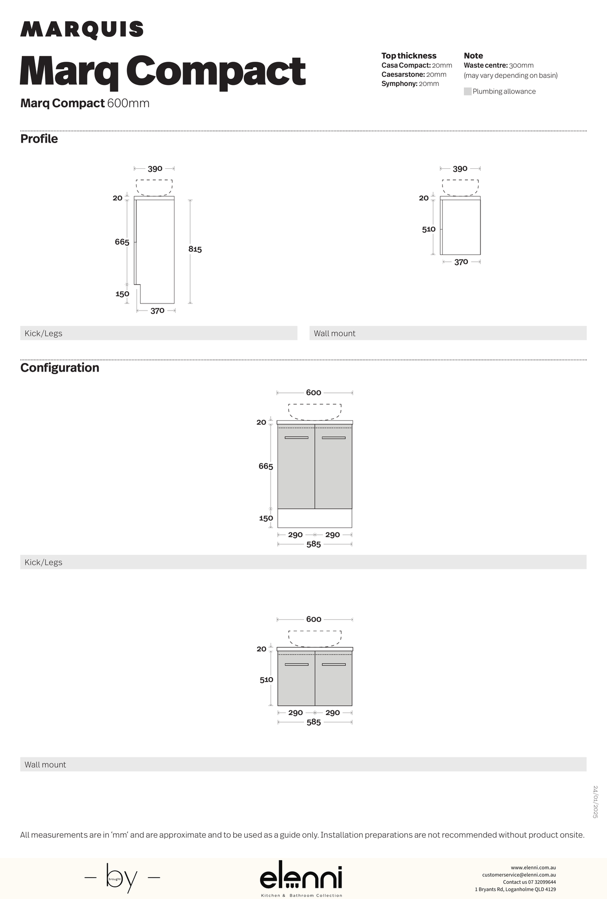Marquis Marq Compact Vanity – Caesarstone or Symphony Top - Elenni specification drawing