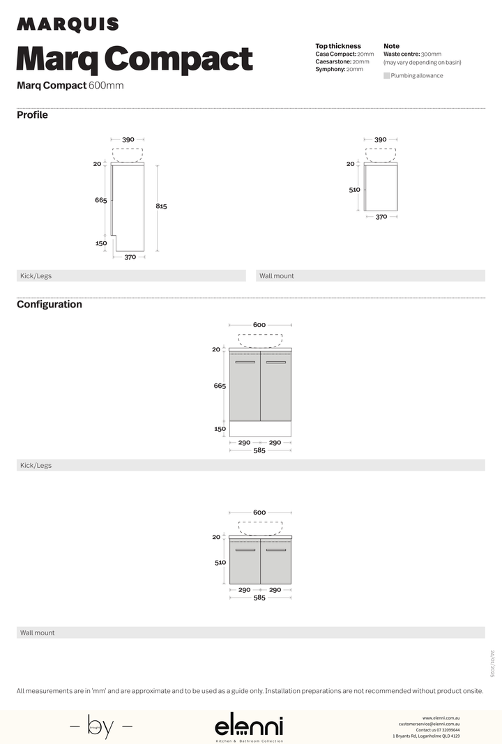 Marquis Marq Compact Vanity – Moulded Top - Elenni specification drawing