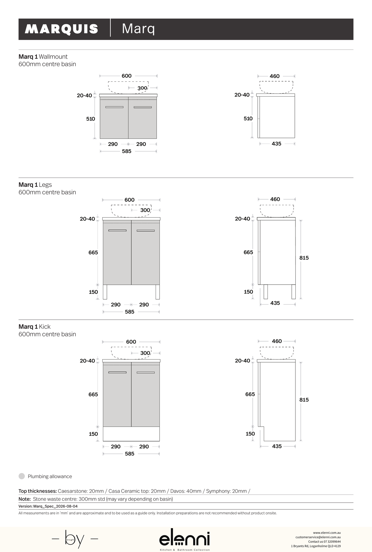 Marquis Marq Vanity – Caesarstone or Symphony Top - Elenni specification drawing