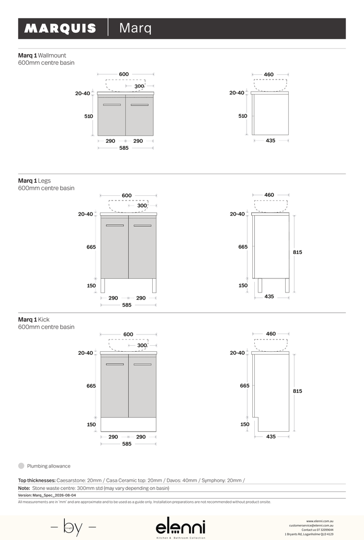 Marquis Marq Vanity – Caesarstone or Symphony Top - Elenni specification drawing