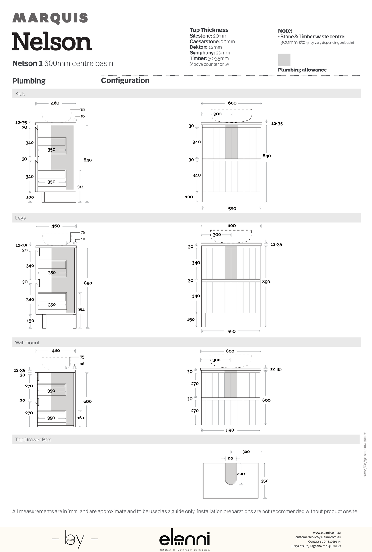 Marquis Nelson Vanity – Above Counter Basin - Elenni specification drawing