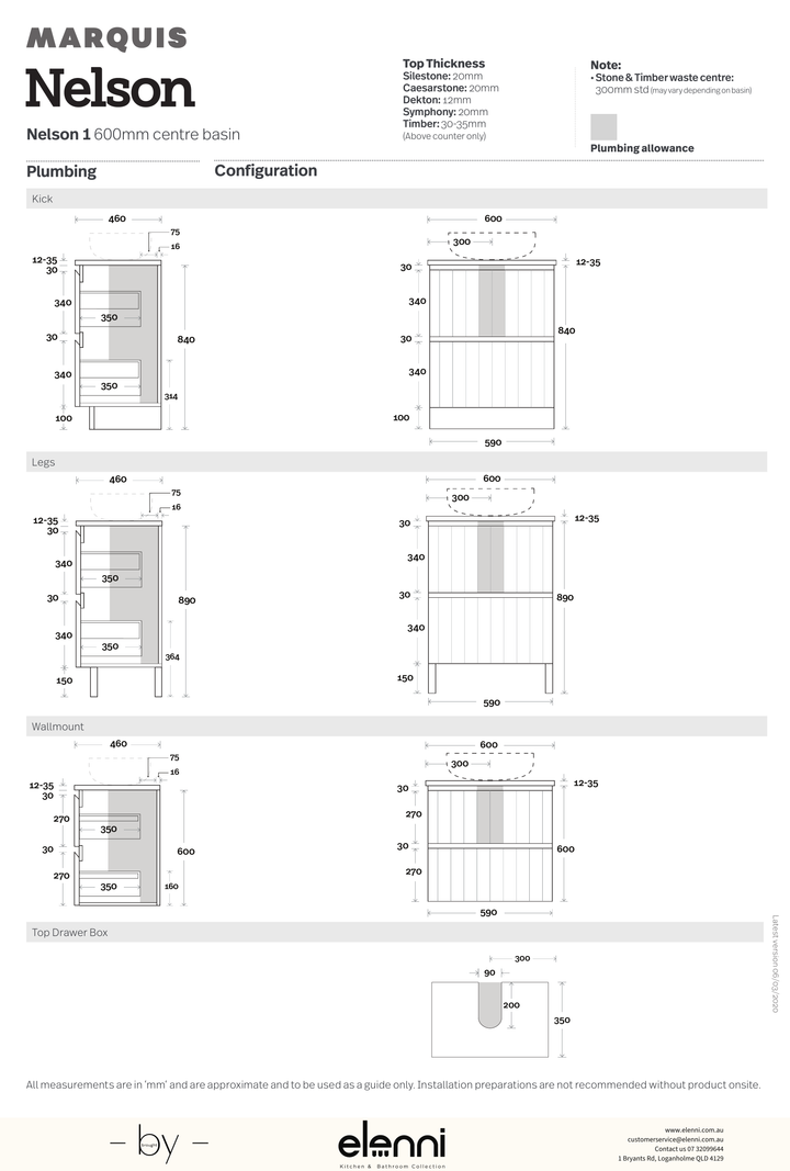 Marquis Nelson Vanity – Under Counter Basin - Elenni specification drawing