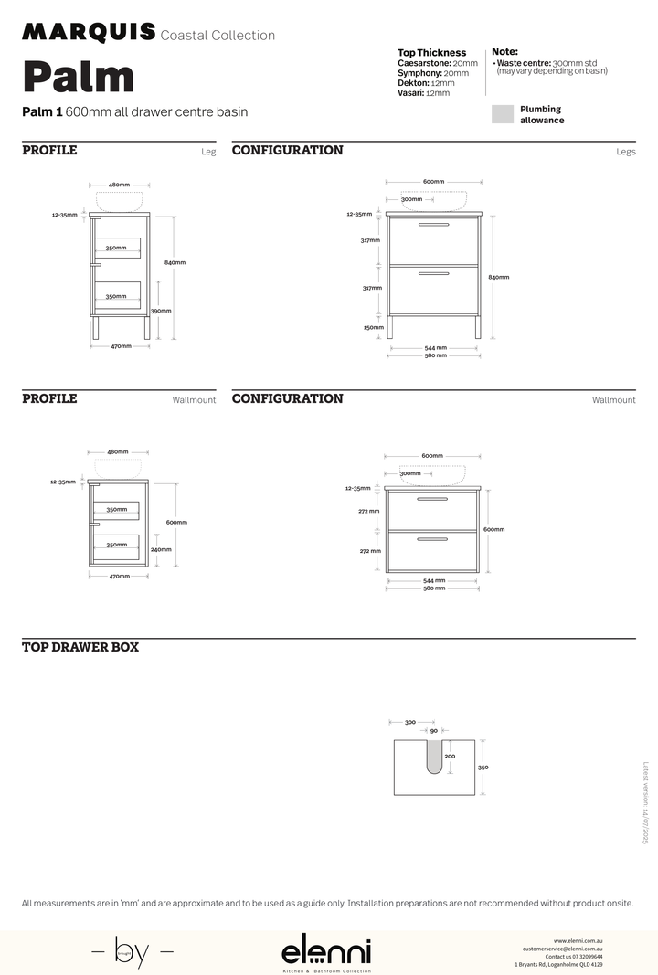 Marquis Palm Vanity – 600–1500mm - Elenni specification drawing