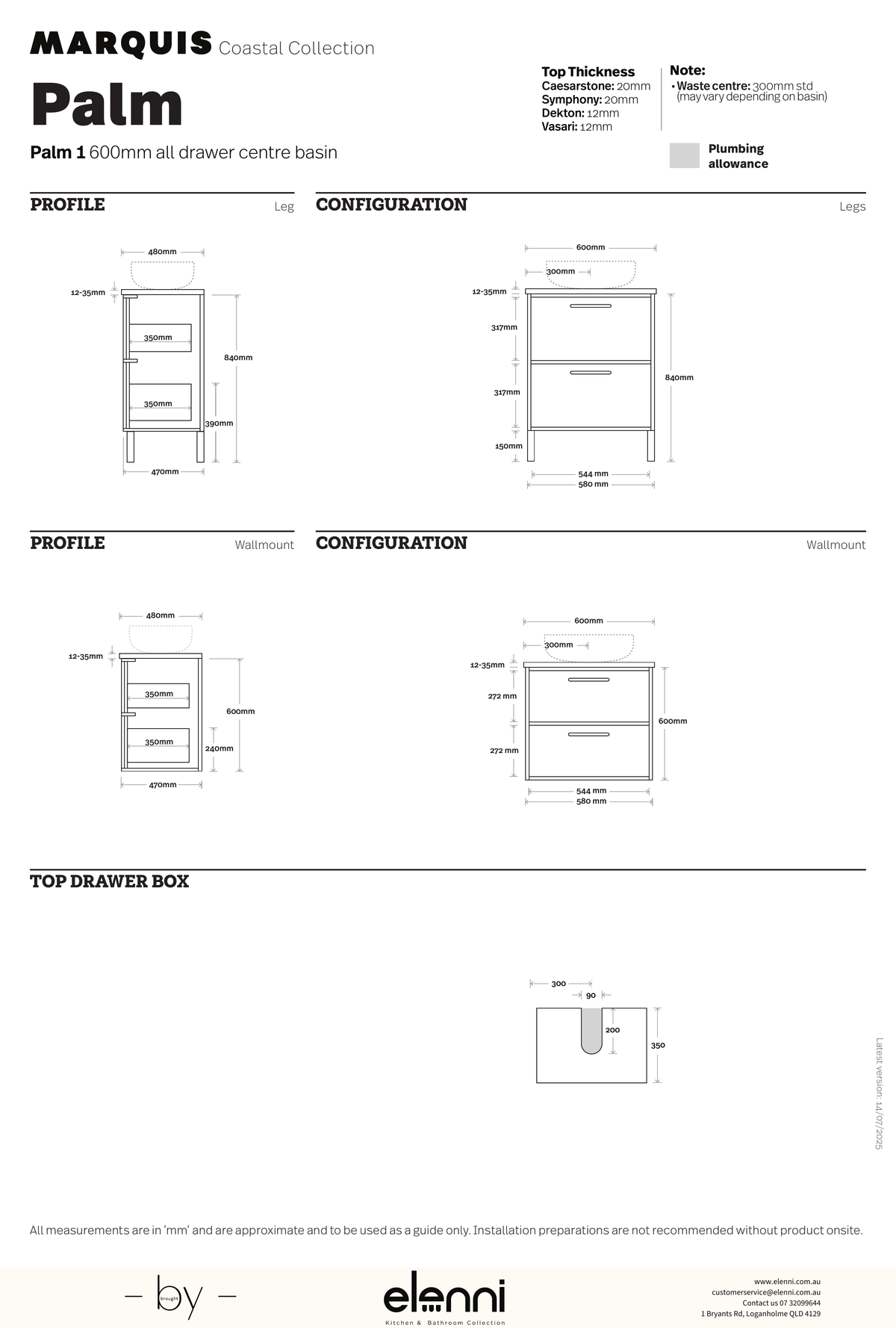 Marquis Palm Vanity – 1800mm - Elenni specification drawing