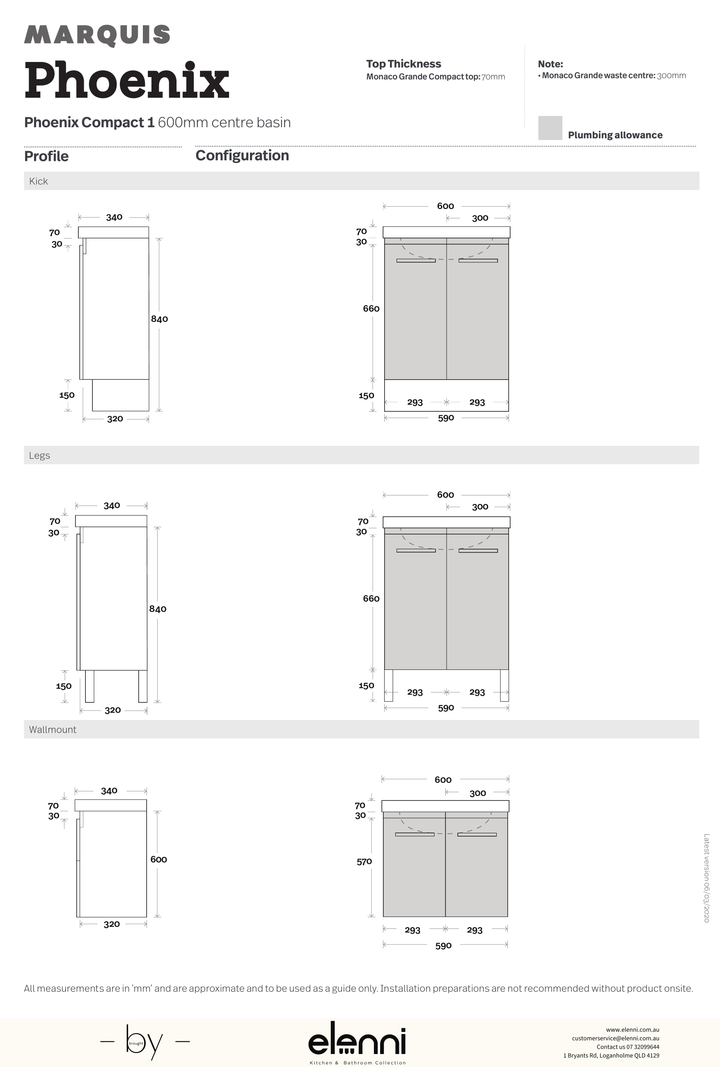 Marquis Phoenix Compact Vanity – Above Counter Basin - Elenni specification drawing