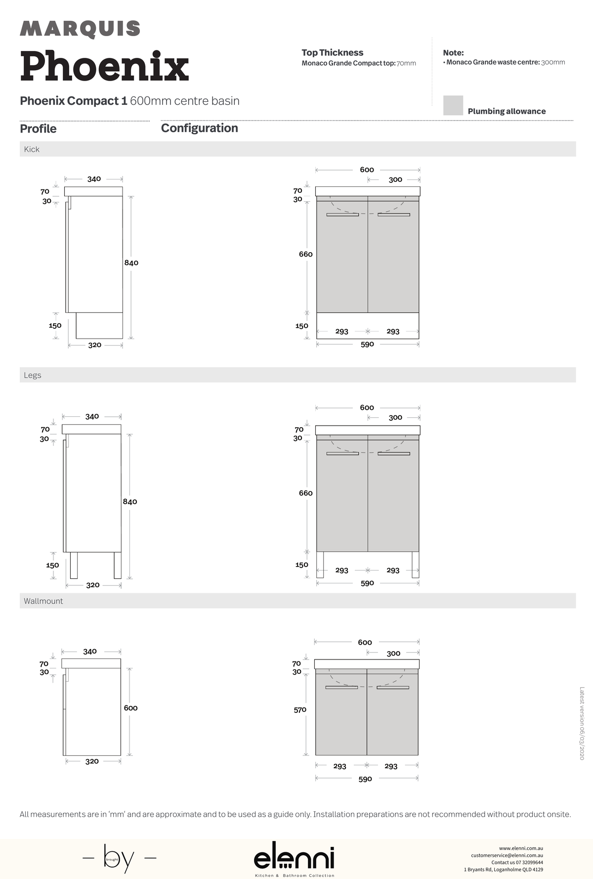 Marquis Phoenix Compact Vanity – Under Counter Basin - Elenni specification drawing