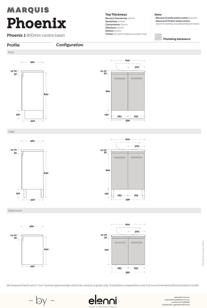 Marquis Phoenix Vanity – Under Counter Basin, 600–1200mm - Elenni specification drawing