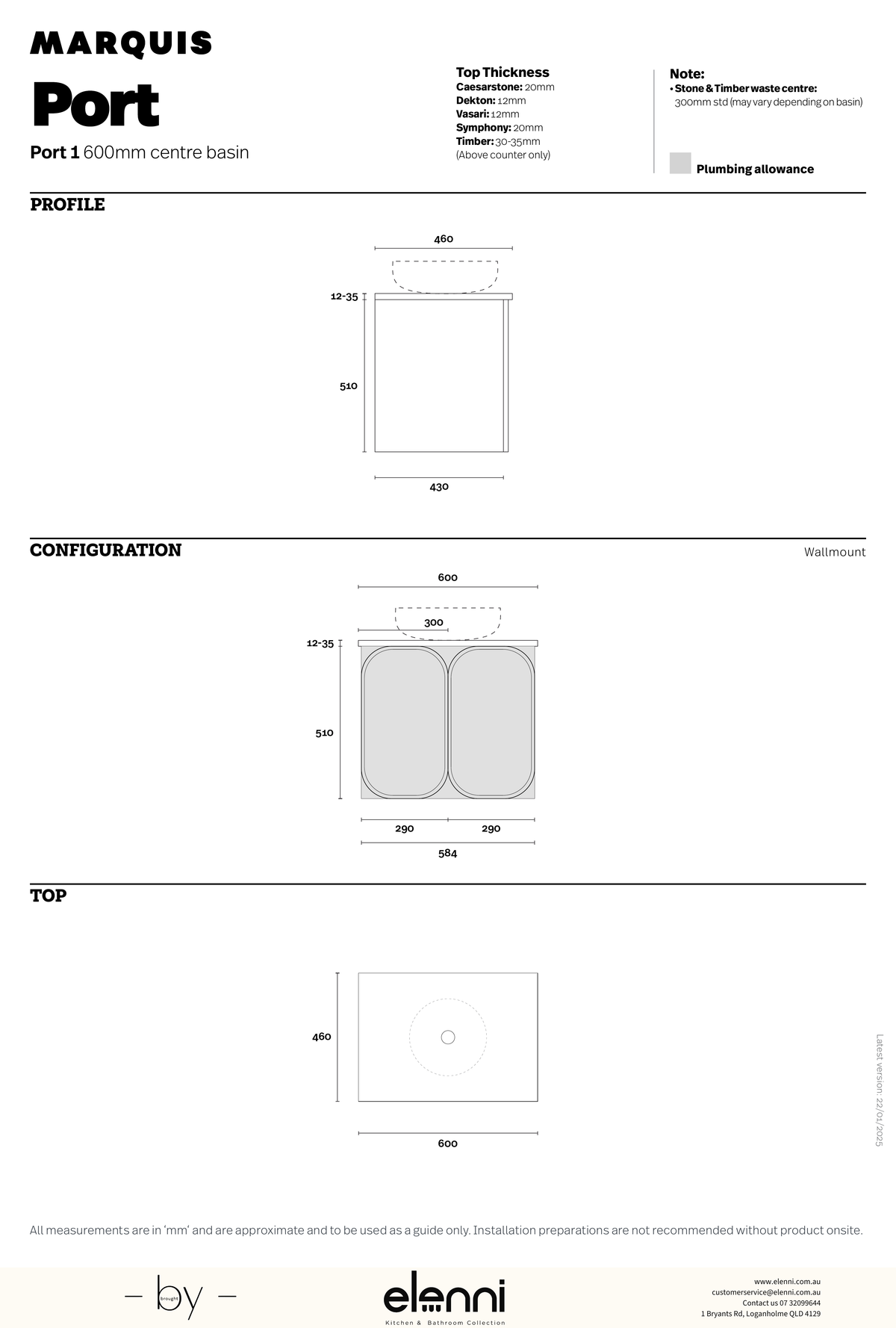 Marquis Port Vanity - Elenni specification drawing