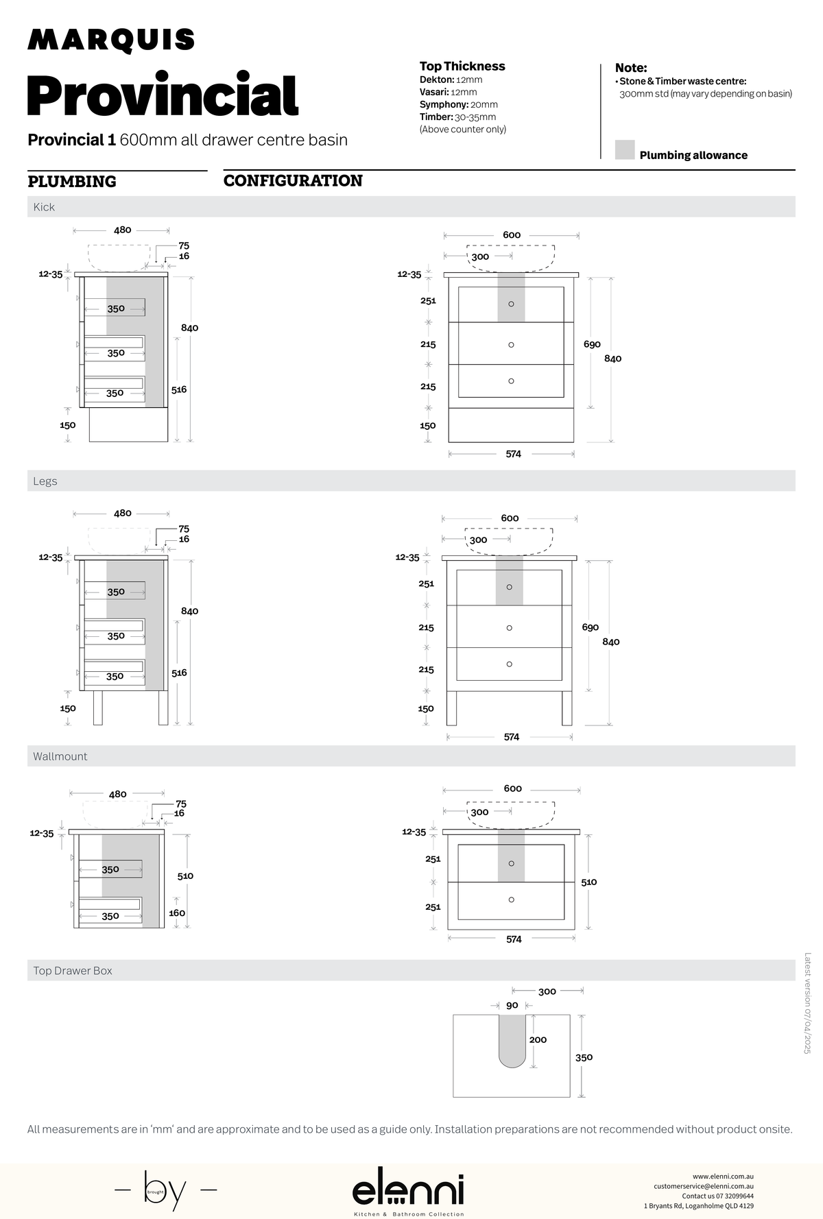 Marquis Provincial Vanity – Under Counter Basin - Elenni specification drawing