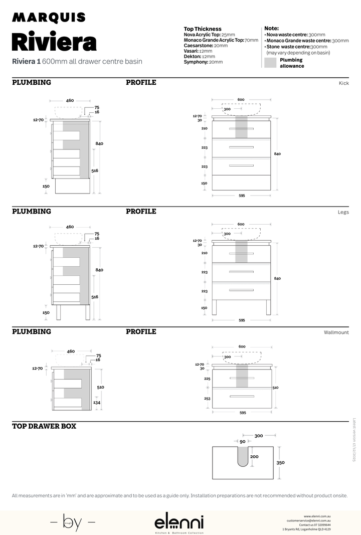 Marquis Riviera Vanity – Above Counter Basin, 1200–1500mm - Elenni specification drawing