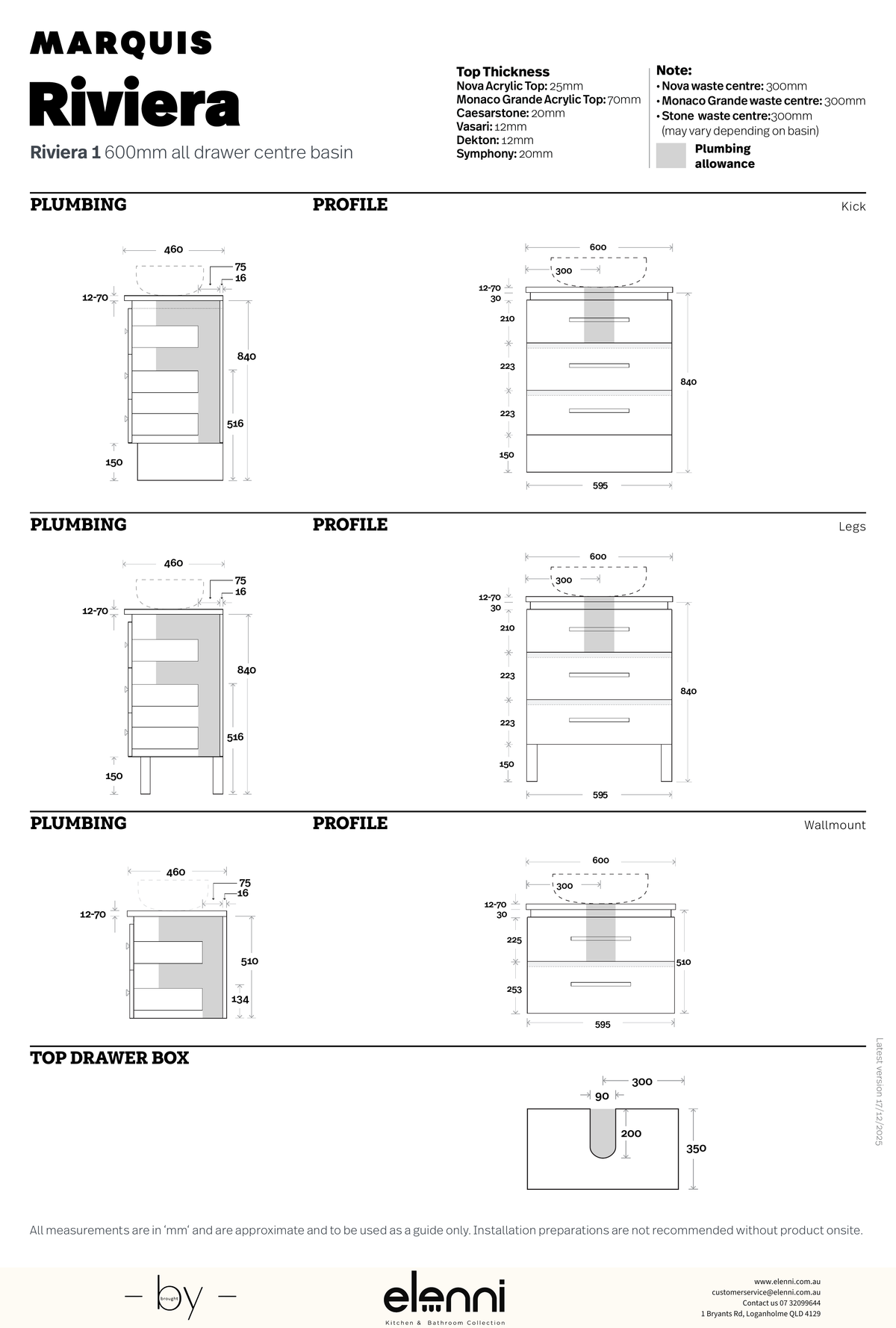 Marquis Riviera Vanity – Above Counter Basin, 1800mm - Elenni specification drawing