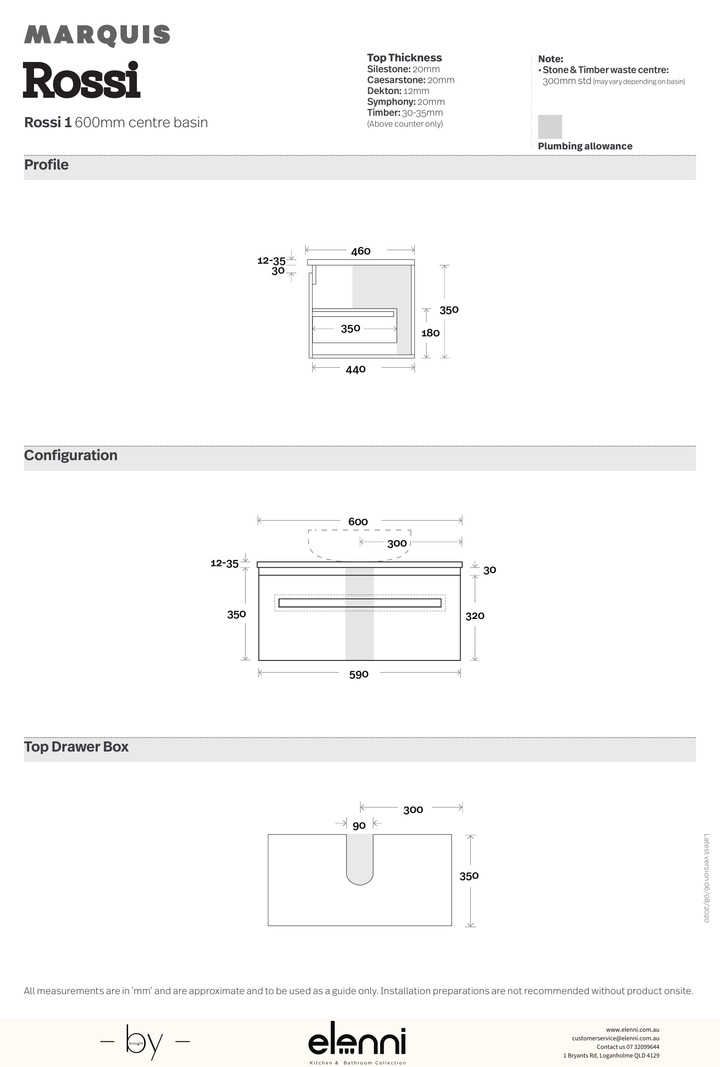 Marquis Rossi Vanity – Above Counter or Semi-Inset Basin - Elenni specification drawing