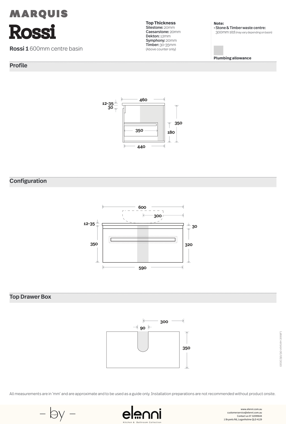 Marquis Rossi Vanity – Under Counter Basin - Elenni specification drawing