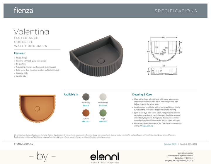 Valentina Fluted Arch Concrete Wall Basin - Elenni specification drawing